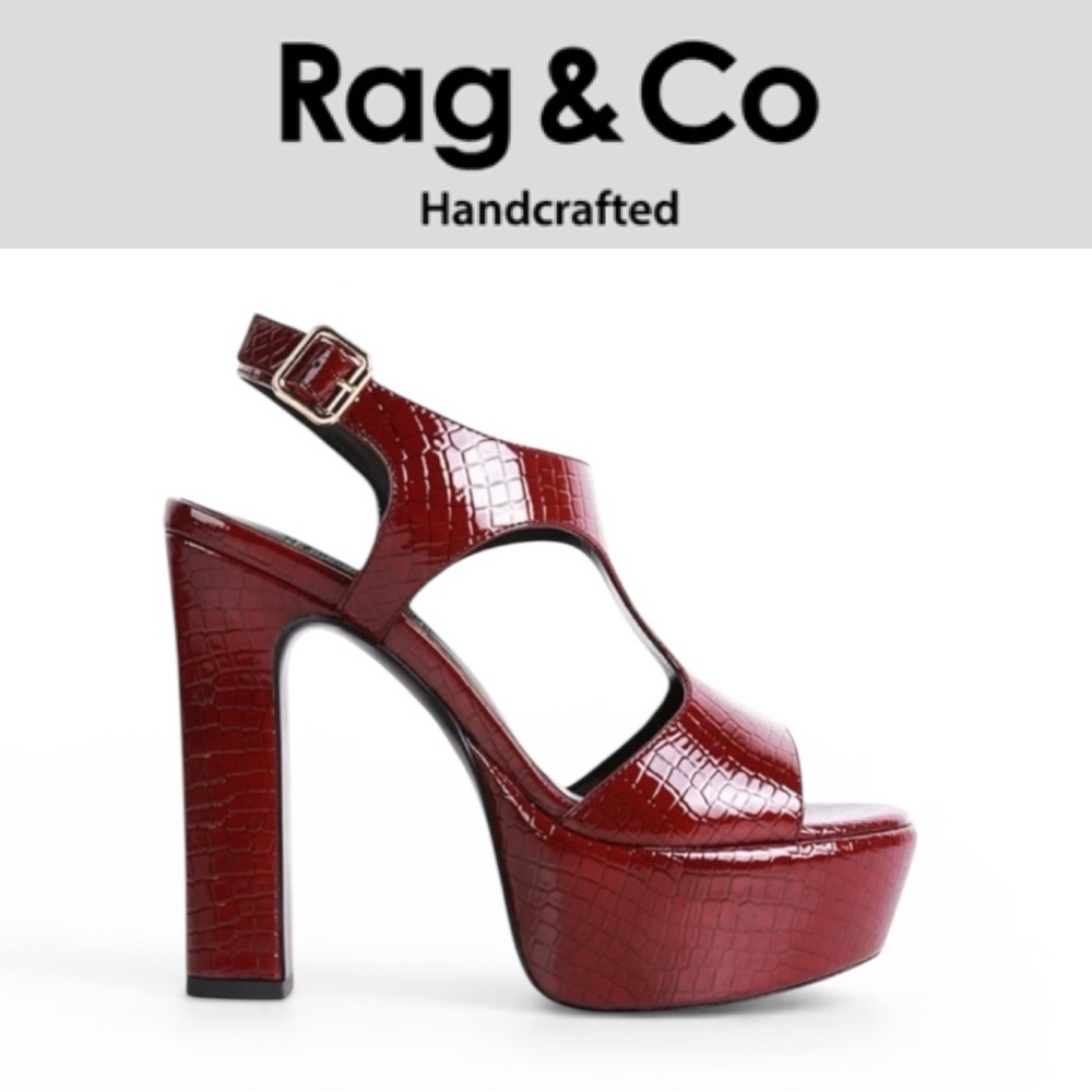 RAG & CO. HANDCRAFTED CROFT BURGUNDY CROC EMBOSSED PLATFORM SLINGBACK HEELS